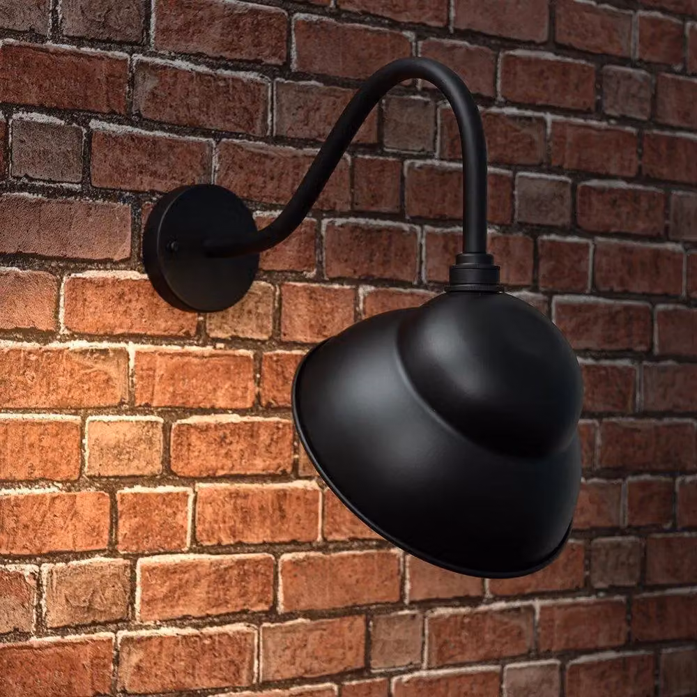 MiniSun Black Metal Swan Neck Outdoor Wall Light with Dome Shade, IP23 Rated, Mains Wired – 4