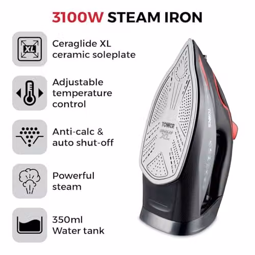 Tower Steam Iron with Ceramic Non-Stick Soleplate, 2500W, Red and Black – 2