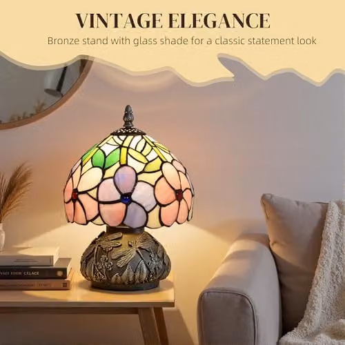 HOMCOM Tiffany-Style Table Lamp with Sculpted Dragonfly Base in Pink, Bronze and Multicolour – 3