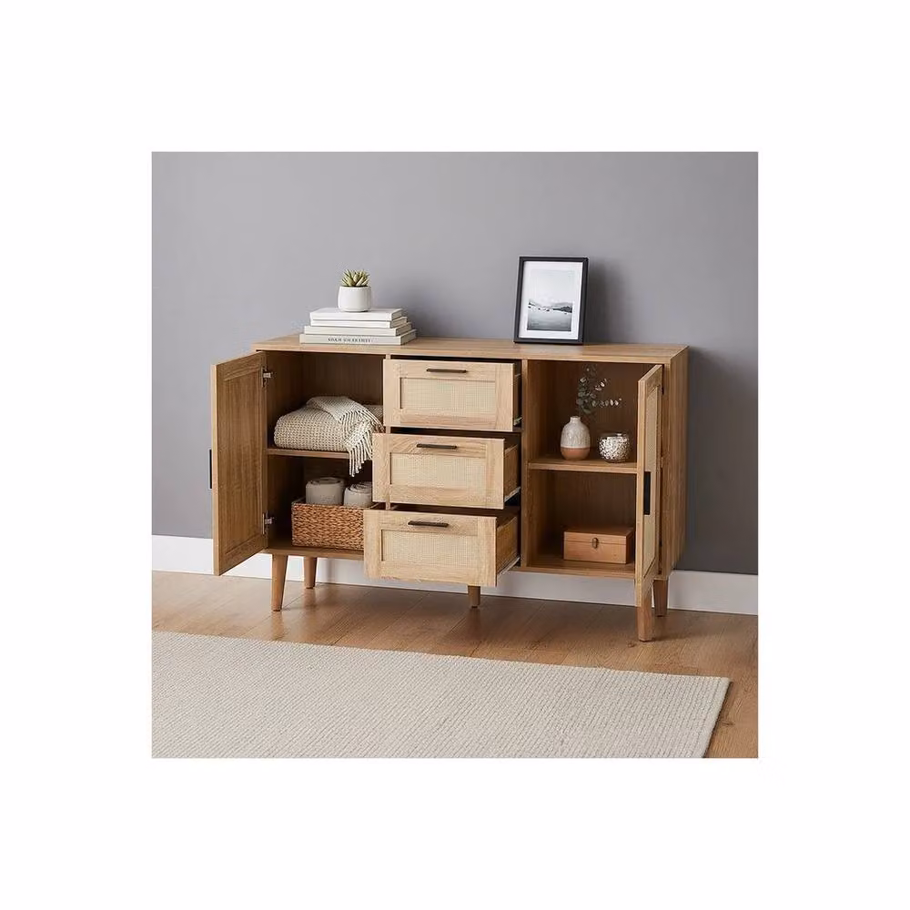Kelvenix Modern Rattan Sideboard Cabinet with 2 Doors and 3 Drawers in Brown – 2