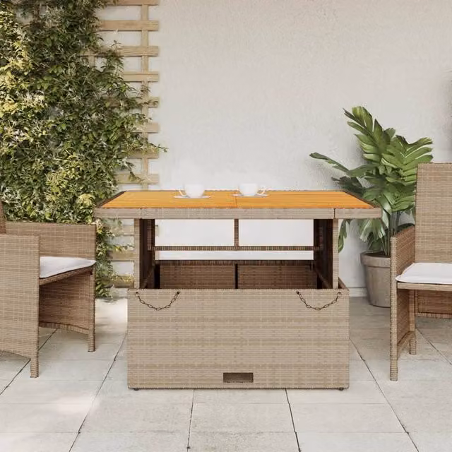 Berkfield Home Beige Poly Rattan and Acacia Wood Square Garden Table W/D/H: 110 x 110 x 71 cm – 1
