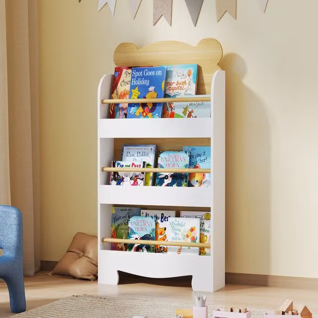 AIYAPLAY 3 Tier Childrens Bookcase in White with Bear Theme