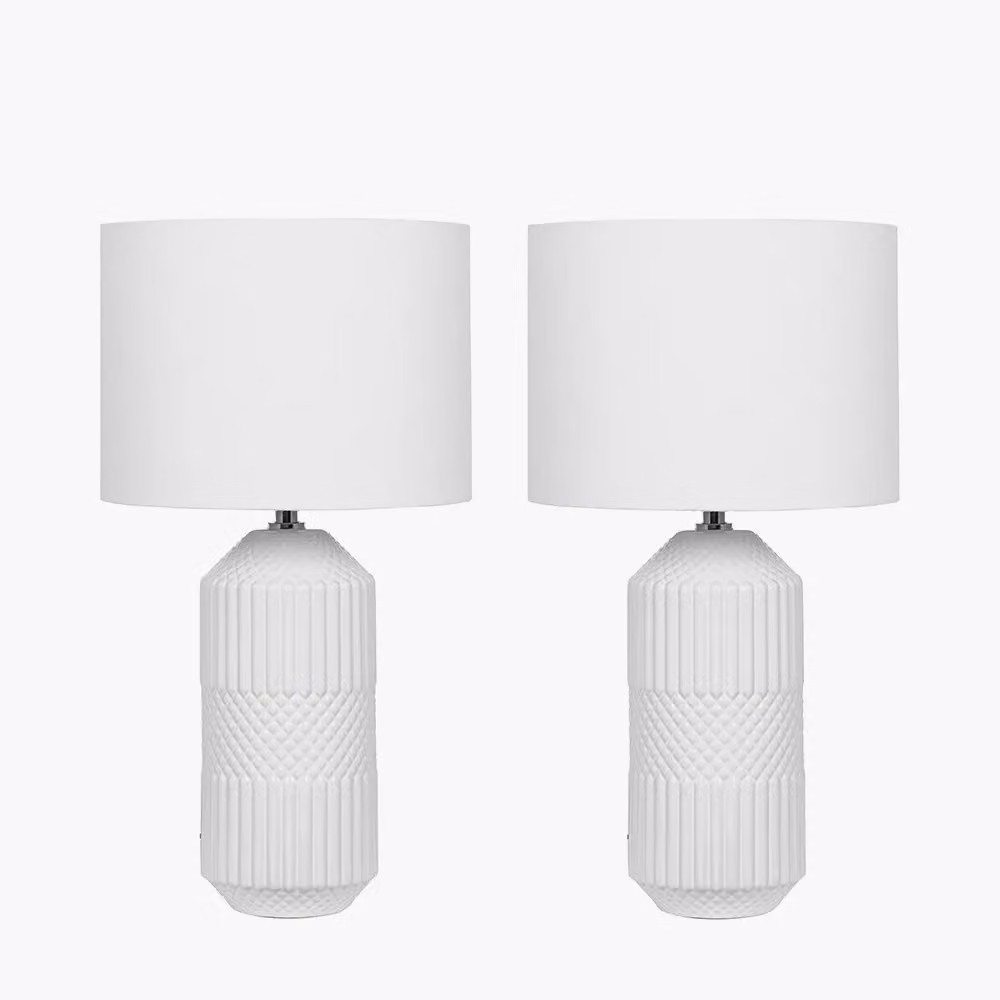 Ruma Meribel Set of 2 White Geo Textured Tall Ceramic Table Lamps – 2