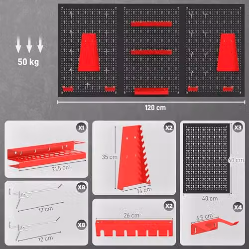 HOMCOM 38 Piece Wall-Mounted Galvanised Steel Pegboard with Hooks, 4 Panels, Black and Red – 4