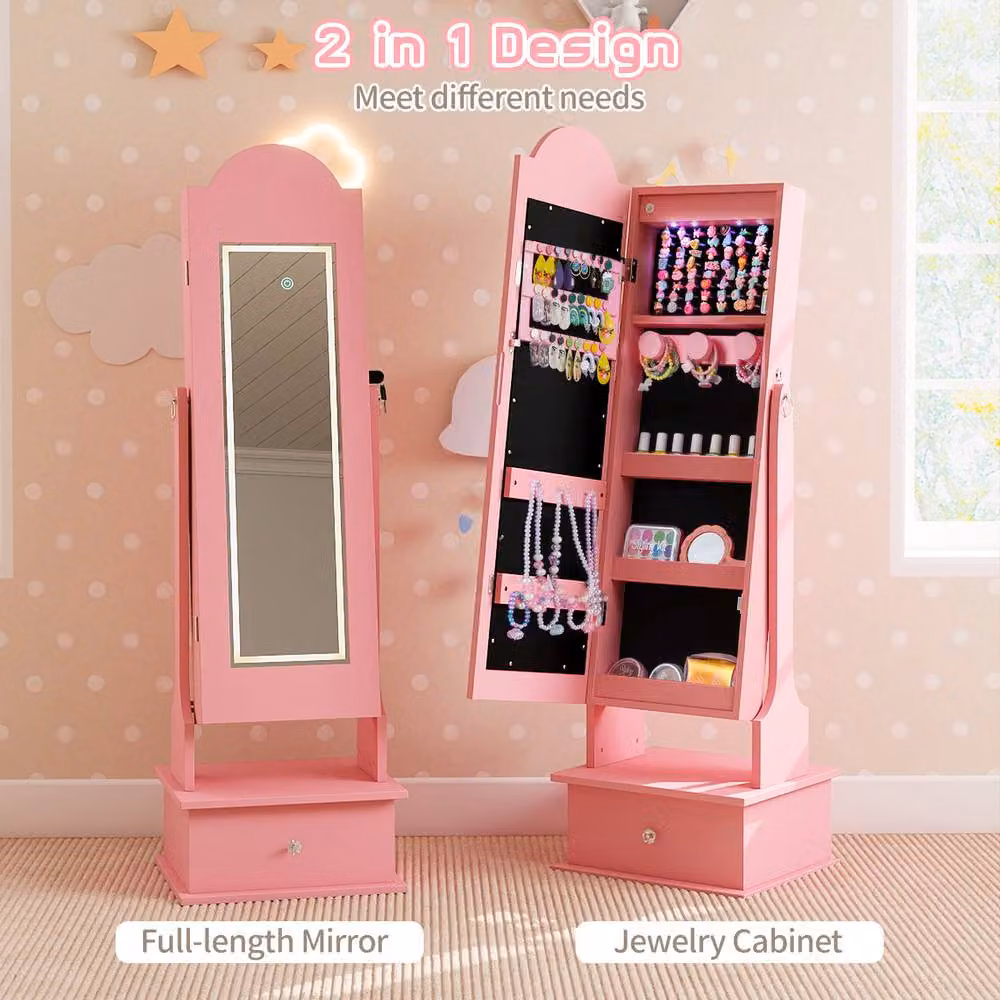 Gymax Princess Jewelry Armoire with Full-Length Mirror and LED Lighting in Pink – 3