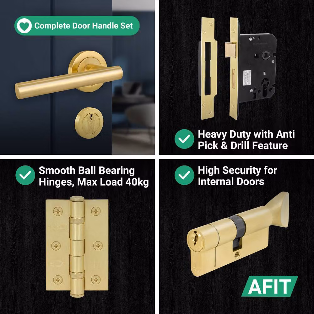 AFIT Satin Brass Euro Thumbturn Cylinder Door Handle, Lock and Hinges Set in Gold – 6