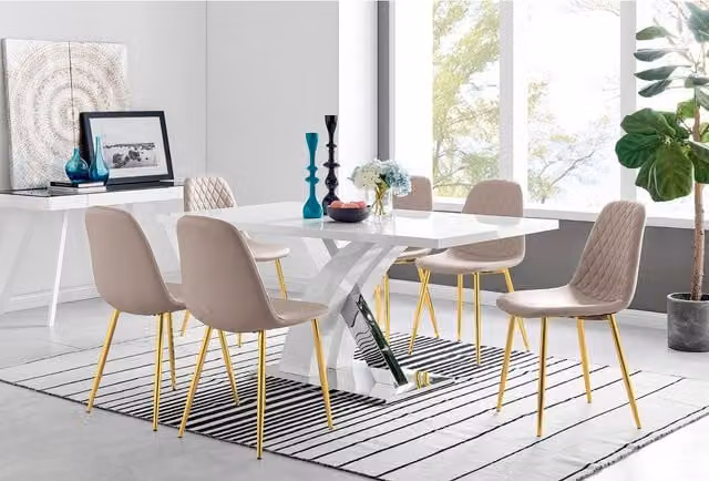 FurnitureboxUK Atlanta Modern High Gloss White Rectangular Dining Table and 6 Corona Gold Faux Leather Chairs Set in Cappuccino
