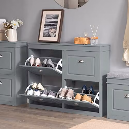 SoBuy Modern Grey MDF Wooden Shoe Storage Cabinet with 4 Tilting Compartments, W/D/H: 105 x 24 x 82 cm – 2