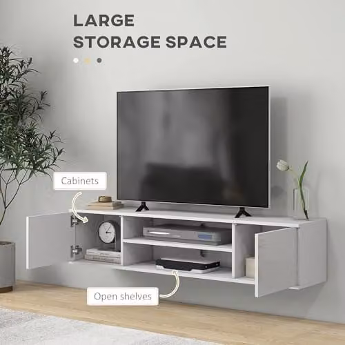 HOMCOM Modern Glossy White Floating TV Stand Cabinet with Open Shelf and Storage Cupboards, W/D/H: 140 x 30 x 30 cm – 4