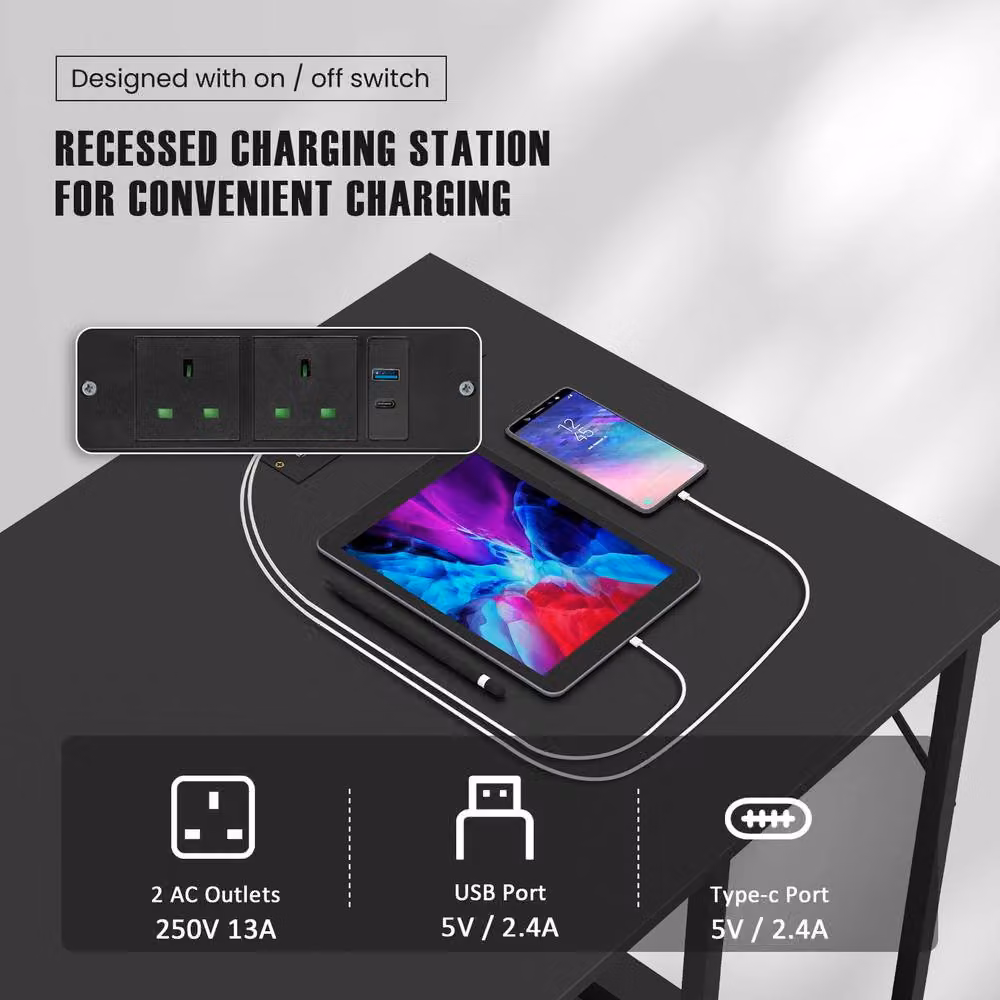 Costway Modern Computer Desk in Black with Charging Station and 4 Power Outlets, W: 140 cm, D: 60 cm, H: 76 cm – 8