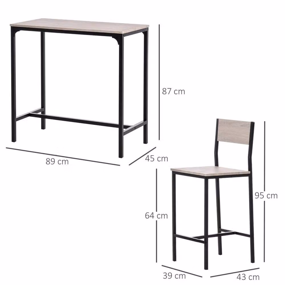 VOGREX Industrial Bar Table and 2 Backrest Stools Set in Grey and Black – 2