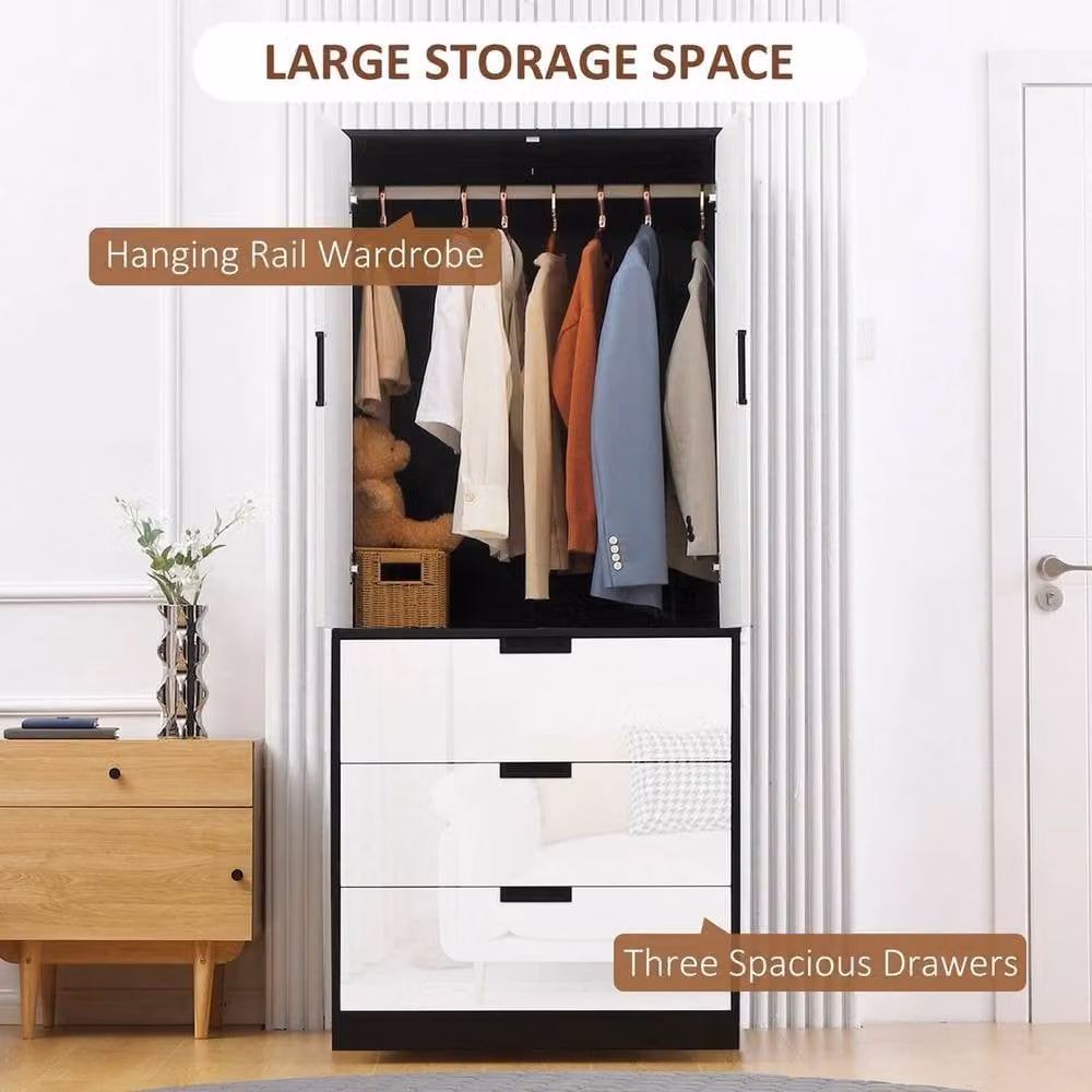 EONLION Modern Glossy Clothes Storage Cupboard in White and Black with Hanging Rod and Integrated Drawers, Width: 100 cm – 3