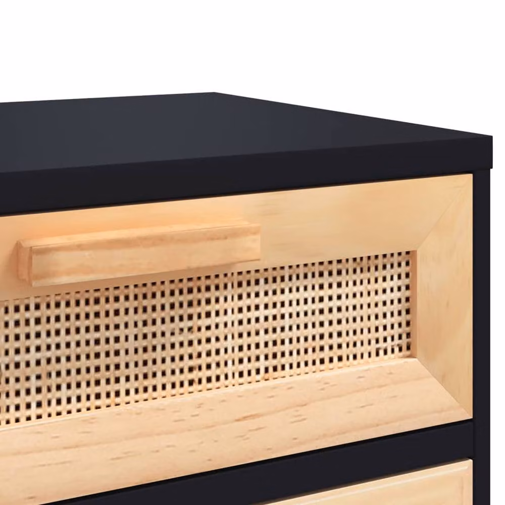 Berkfield Home Bedside Cabinet in Black Solid Pine and Natural Rattan – 7
