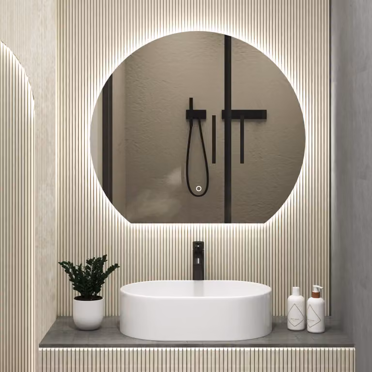 Royal Bathrooms Enso Round Frameless LED Illuminated Undercut Mirror in Silver with Demister Pad and Touch Sensor, W/D/H: 80 x 80 x 1 cm