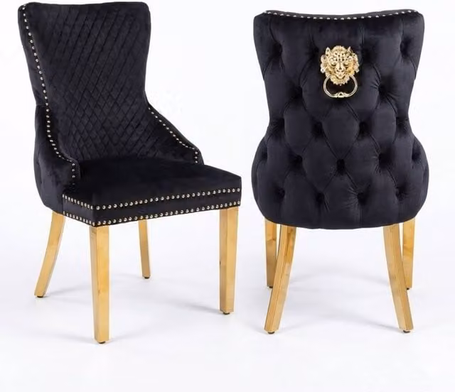Home Luxe Interior Set of 2 Black Victoria Velvet Dining Chairs with Gold Metal Legs – 1