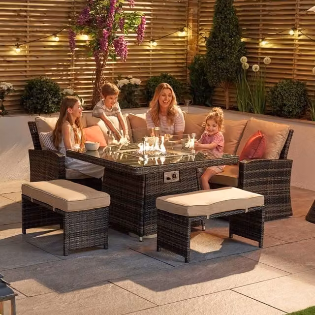 Abrihome 7 Seater Brown Rattan Garden Furniture Set with Fire Pit Table