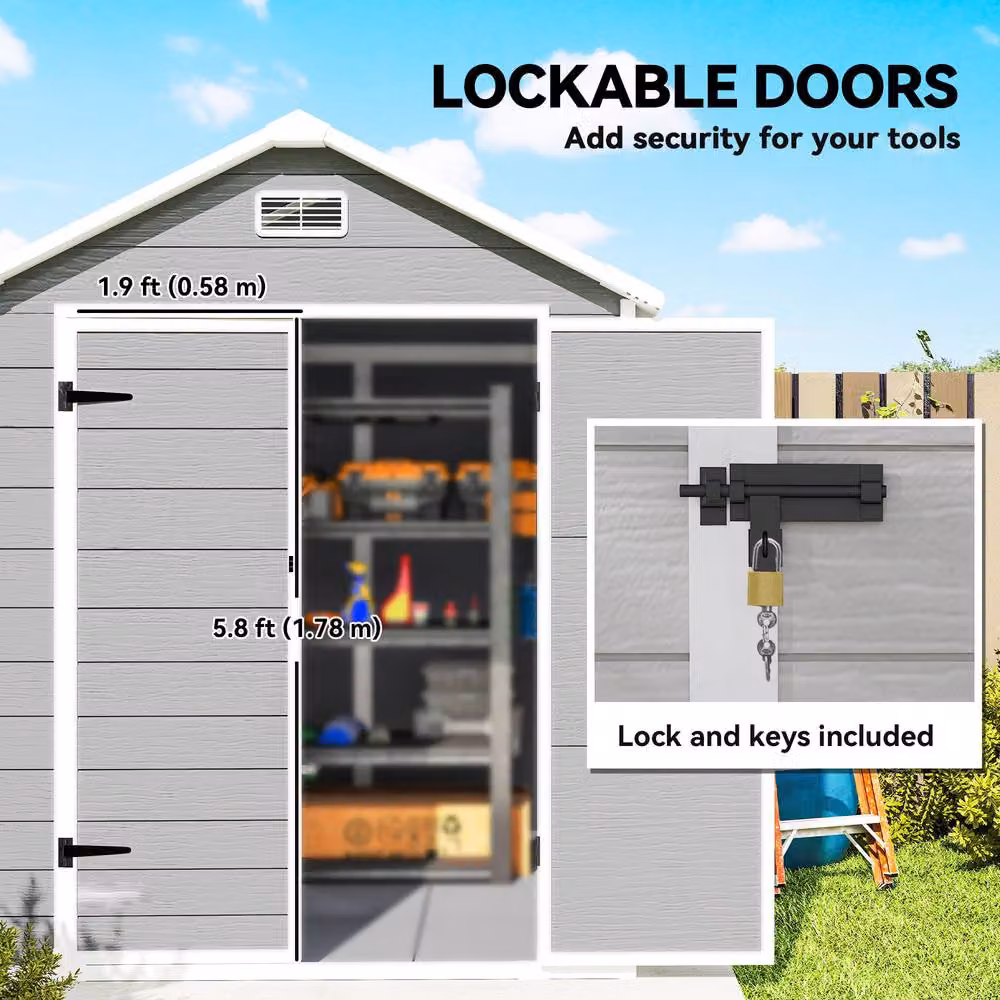 Rolipo Plastic Garden Shed in Dark Grey with Floor, Window and Lockable Doors, W/D/H: 182 x 151 x 219 cm – 6