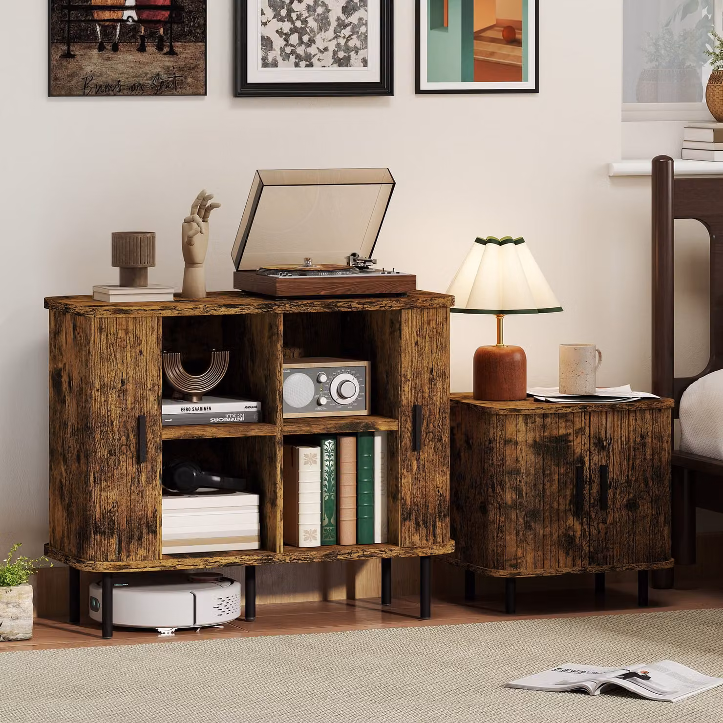 HOMCOM Mid-Century Sideboard Cabinet and Accent Console with Tambour Doors in Rustic Brown – 1