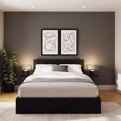GFW Small Double Black Upholstered Ottoman Bed Frame with Hydraulic Lift and Stitched Headboard, W/D/H: 120 x 200 x 39 cm