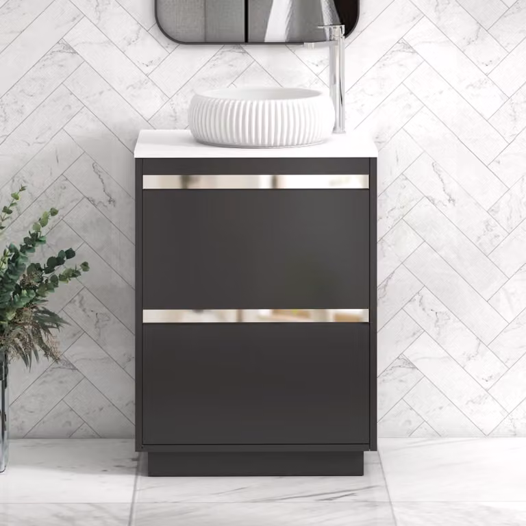 Royal Bathrooms Orion 600mm Matt Obsidian Black and Plain White Floor Standing Freestanding Vanity Unit with Milan Basin and Chrome Accent Trim