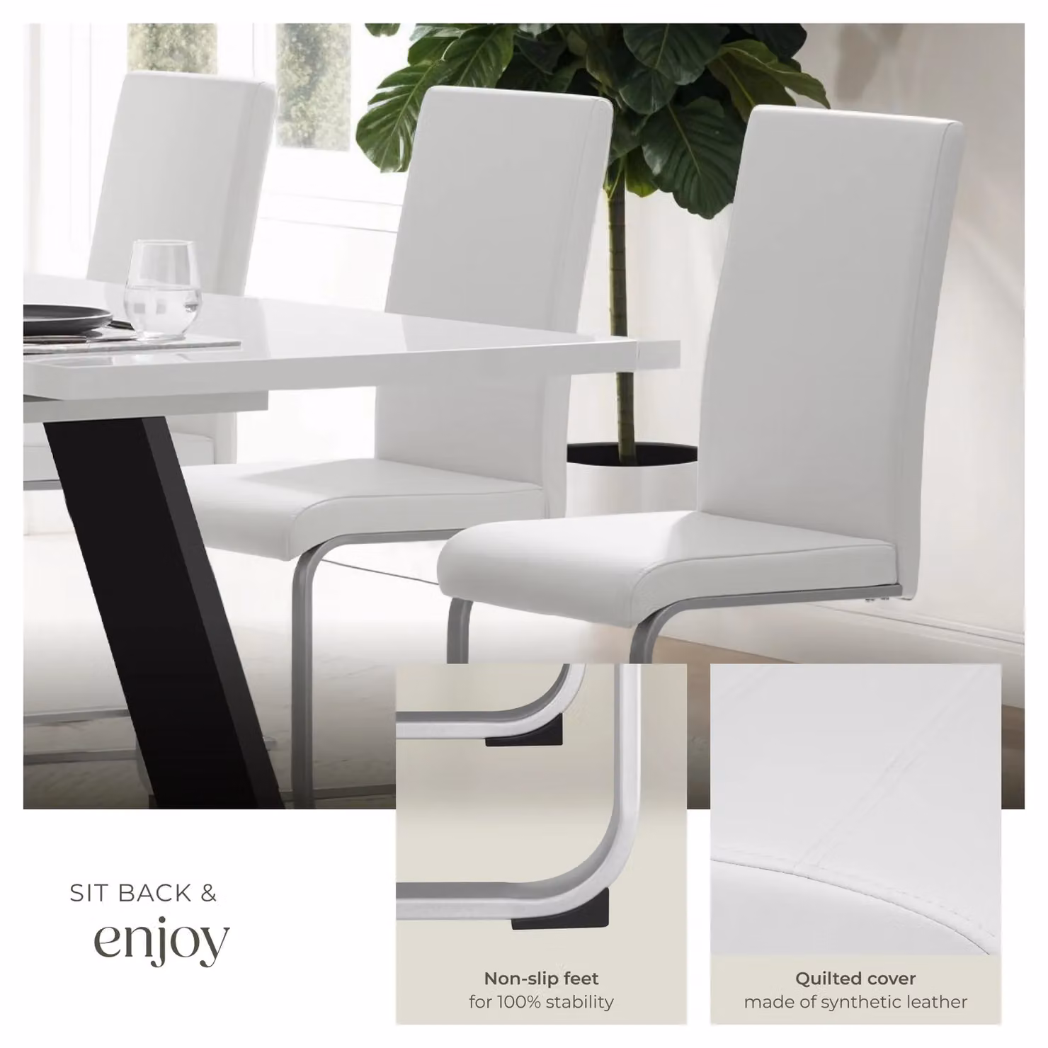tectake Bettina Dining Chairs Set of 2 in White Synthetic Leather with Metal Cantilever Base – 3