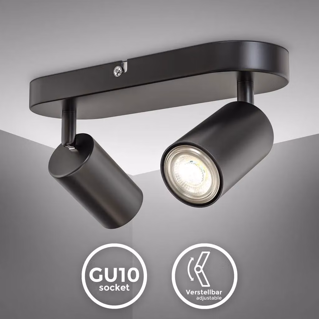 B.K.Licht Black Metal Ceiling Spotlight Bar with 2 Adjustable GU10 Sockets – 2