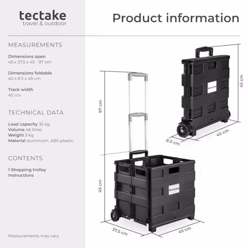 tectake 46L Folding Shopping Trolley in Black with Aluminium Telescopic Handle and 2 Wheels, W: 45 cm, D: 37.5 cm, H: 45-97 cm – 6