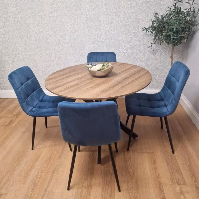 Kosy Koala 4 Seater Round Dining Set with Brown Wood Table and Blue Velvet Chairs