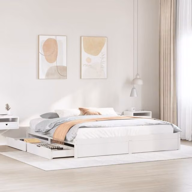 Berkfield Home White Solid Pine Wood Bed Frame W/D/H: 200 x 200 cm