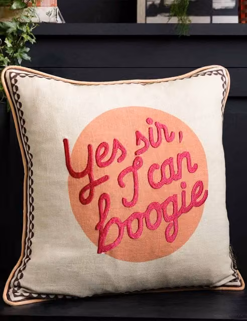 Rockett St George Yes Sir Graphic Square Piped Cushion in Orange and Beige Pure Cotton