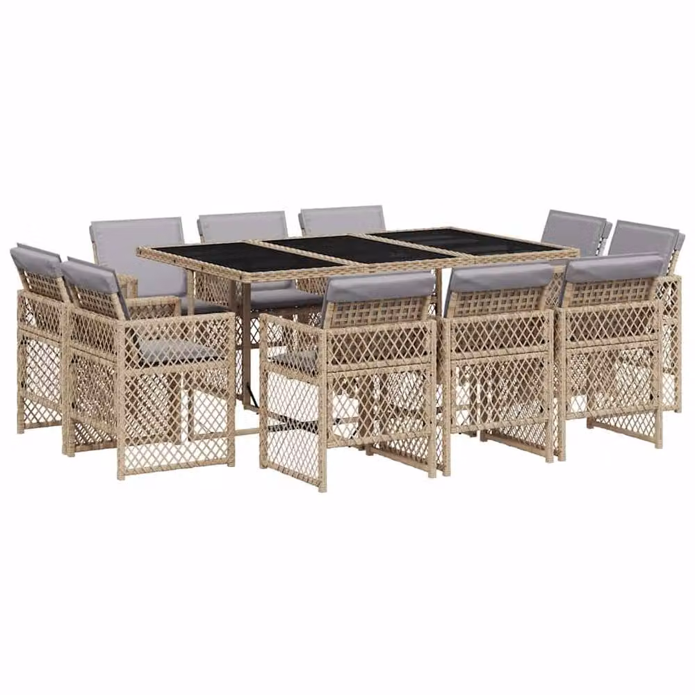 Berkfield Home 11 Piece Poly Rattan Garden Dining Set with Cushions and Glass Top in Beige – 2
