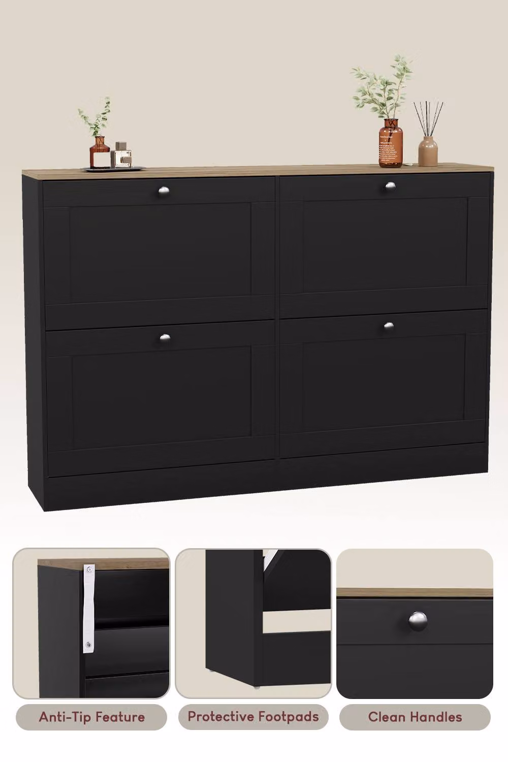 HD Designs Modern Black Matt Flip Down Shoe Cabinet with LED Lighting and Internal Shelves – 5