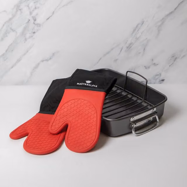 MasterClass Non-Stick Tin Rack and Stain-Resistant Silicone Double Oven Gloves, Grey and Red
