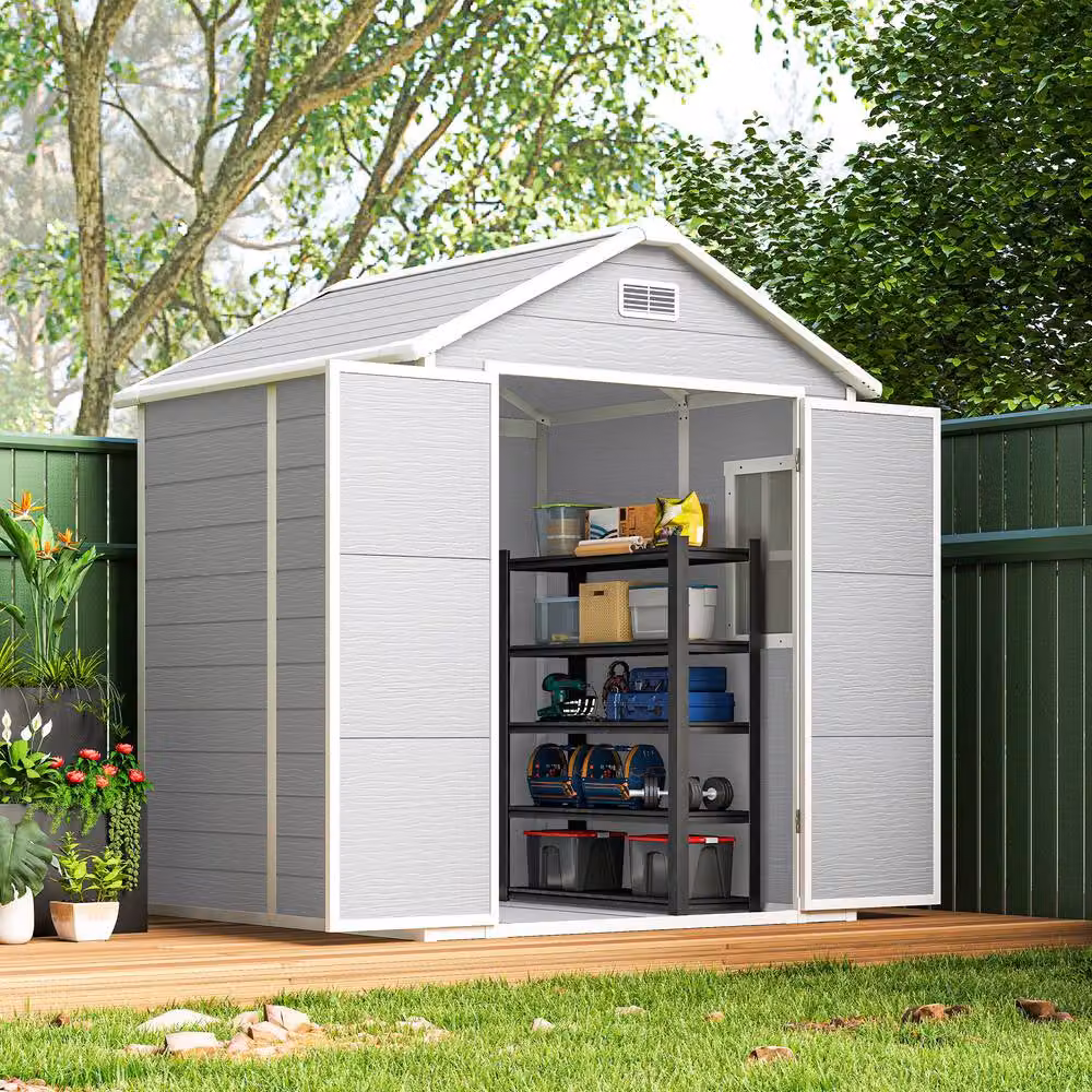 Rolipo Plastic Garden Shed with Floor, Window and Lockable Doors, Light Grey, W/D/H: 182 x 151 x 219 cm – 3
