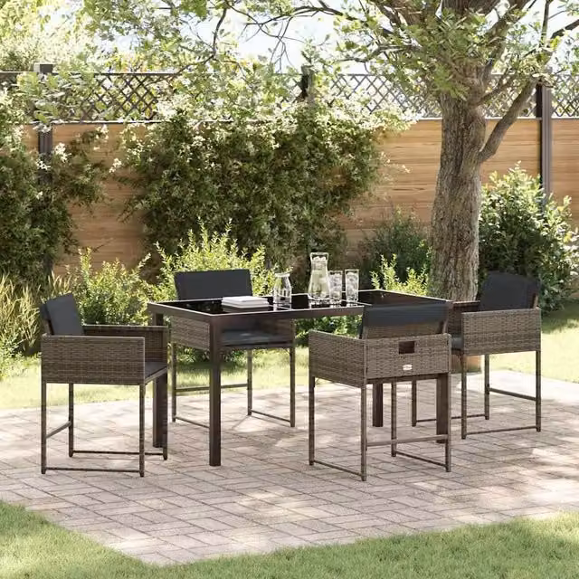 Berkfield Home 5 Piece Grey Poly Rattan Garden Dining Set with Glass Top Table – 1