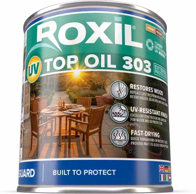 Roxil UV Top Oil 303 Clear Matt Solvent Based Outdoor Wood Oil for Furniture, Decking and Sheds, 1 l