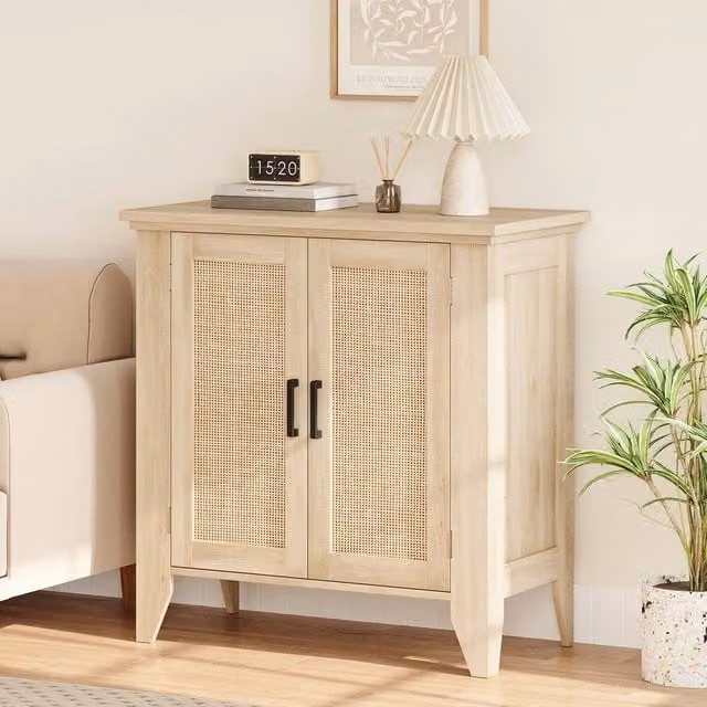 VOGREX Rattan and Wood Sideboard Buffet Storage Cabinet in Beige