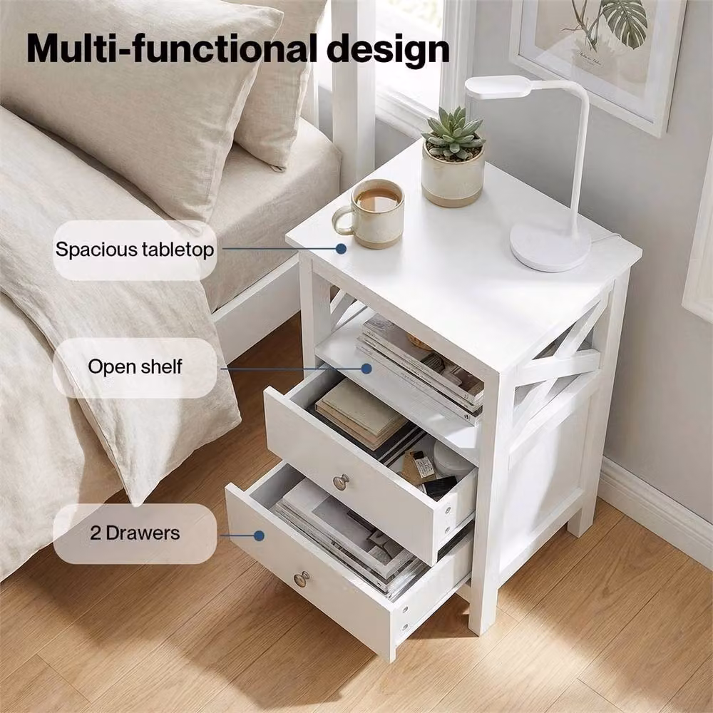 Nordara White Wooden Bedside Table with 2 Drawers – 2