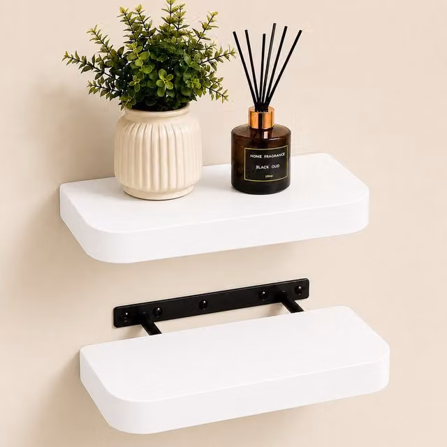 Innoteck Set of 2 White Oak Floating Wall Shelves with Rounded Edges, 40 cm