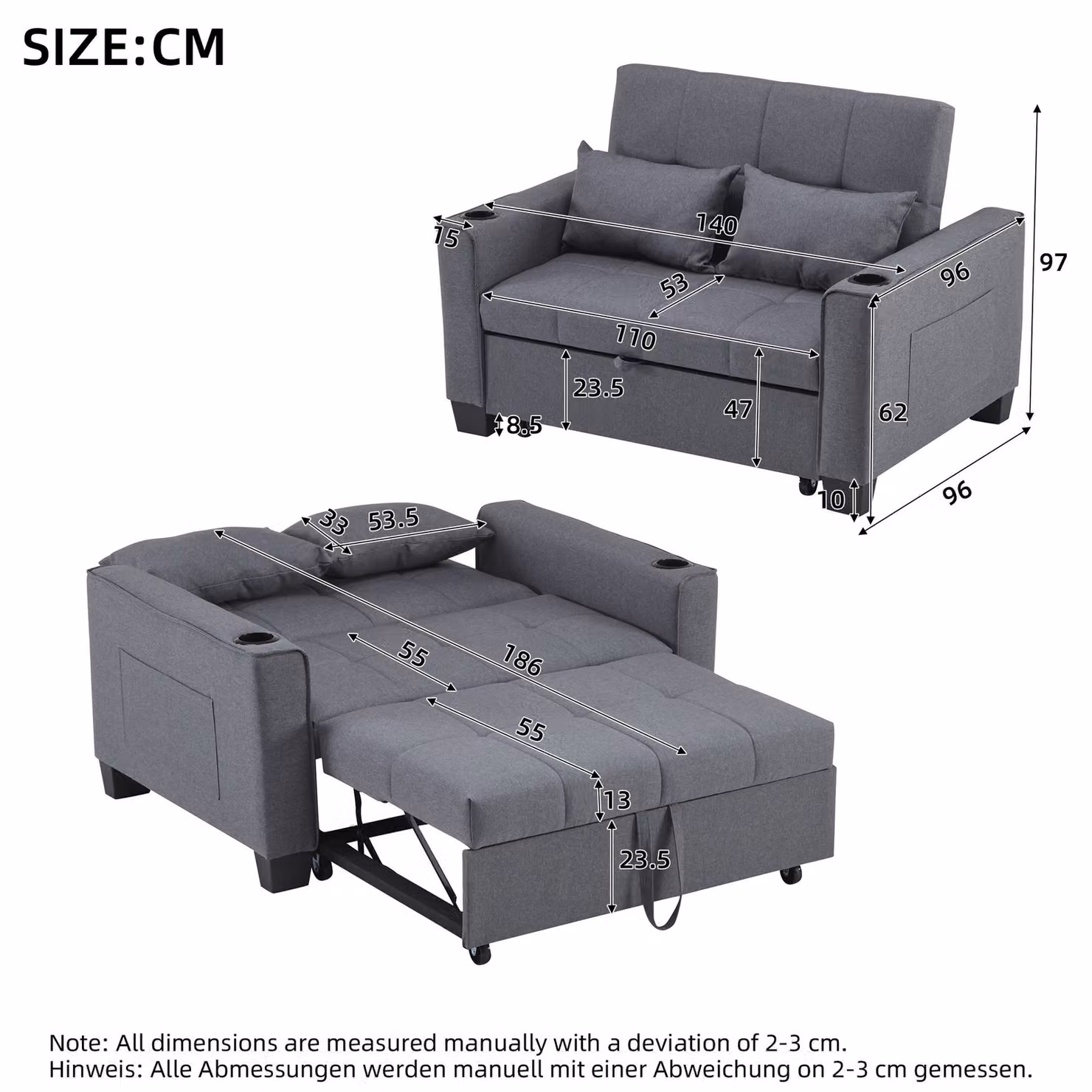 Aosom UK 2 Seater Convertible Fabric Sofa Bed in Grey with Storage Side Pockets, Cup Holders and Adjustable Backrest, W/D/H: 96 x 140 x 97 cm – 3