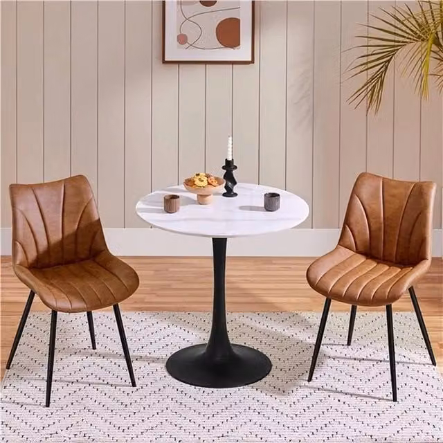 EONLION Set of 2 Modern Brown Upholstered Dining Chairs with Synthetic Leather and Metal Legs