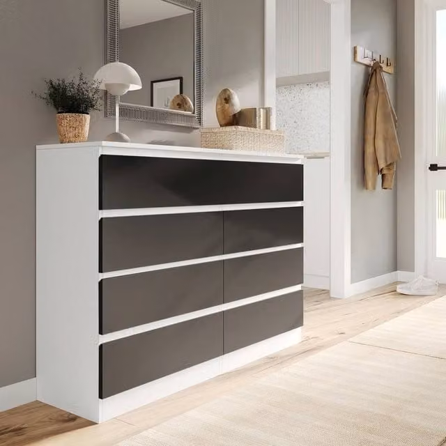 FORGEVIO Modern 8 Drawer Chest with White Carcass and Black Drawers