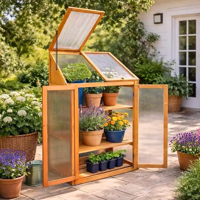 Marco Paul Mini Cold Frame Greenhouse in Beige with Polycarbonate Shelving – 1