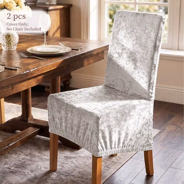 Livingandhome 2 Pack White Velvet Stretch Dining Chair Covers with Elastic Band