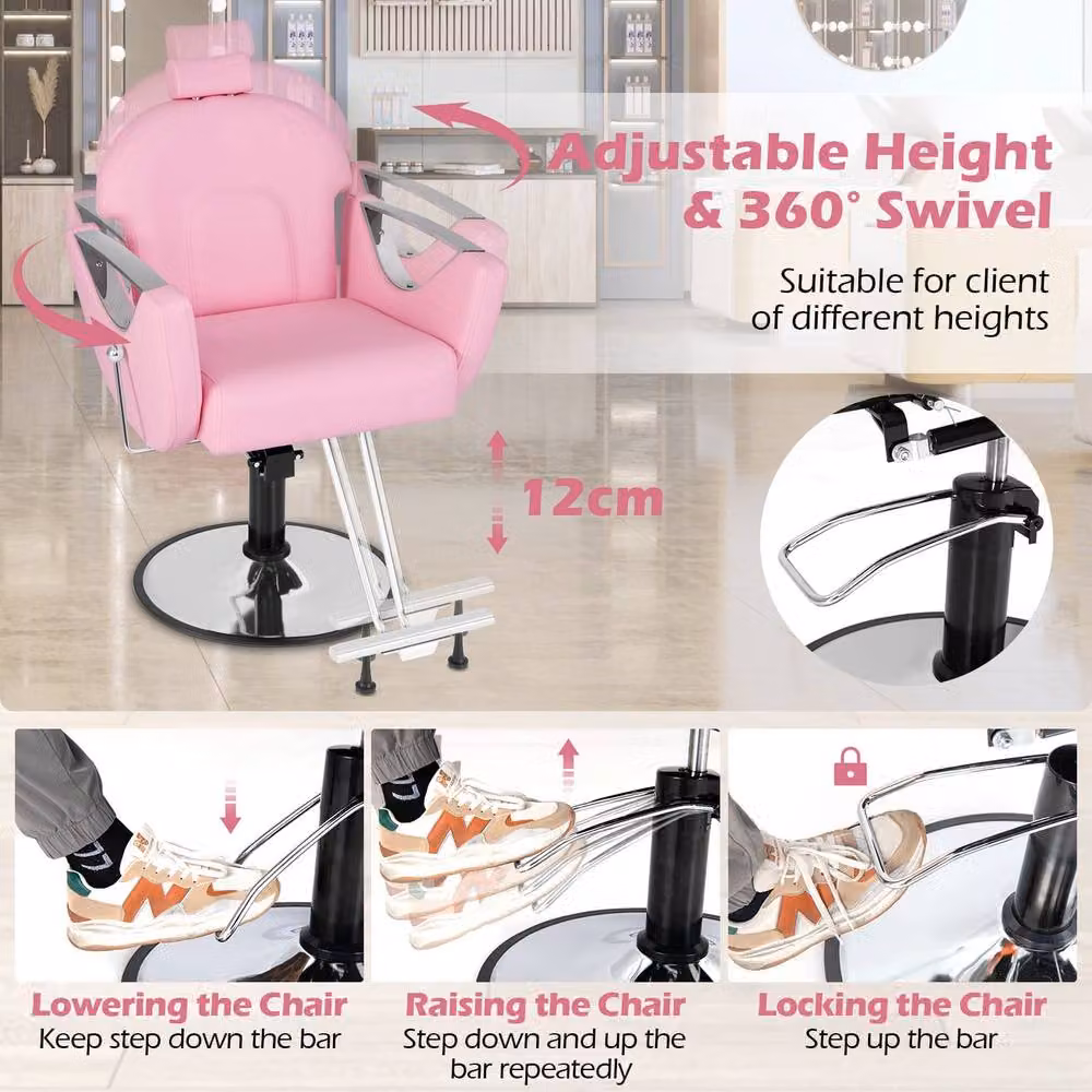 Gymax Reclining Salon Barber Chair with 360 Degree Swivel in Pink – 2