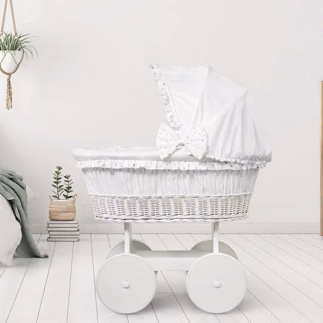 Love For Sleep Solid Beech Wood Baby Bassinet in Gold and White with Floral Fabric