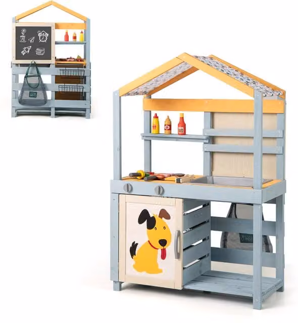 Costway 2 in 1 Outdoor Play Kitchen and Grocery Store in Grey