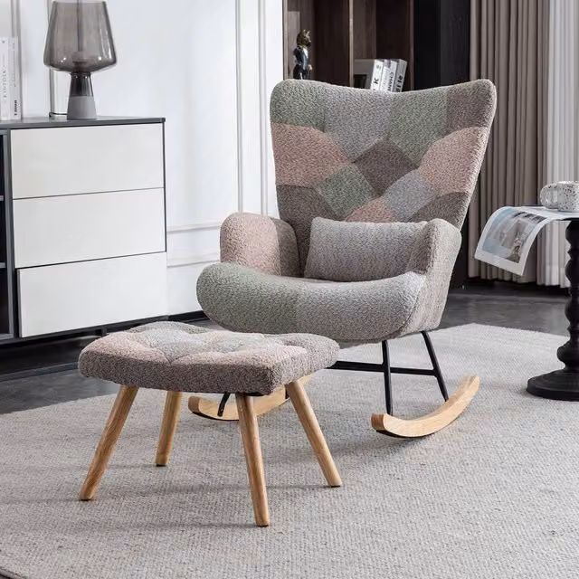 Fascinate Multicolour Abstract Fabric Wingback Rocking Chair with Ottoman