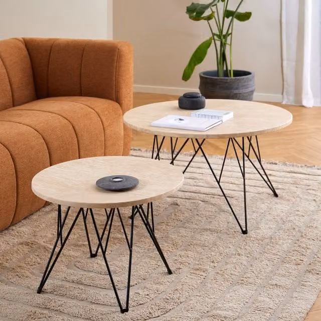 Furniture To Go Prunus Round Side Table in Matt Beige and Black Coated Steel, W: 55 cm, D: 41.4 cm