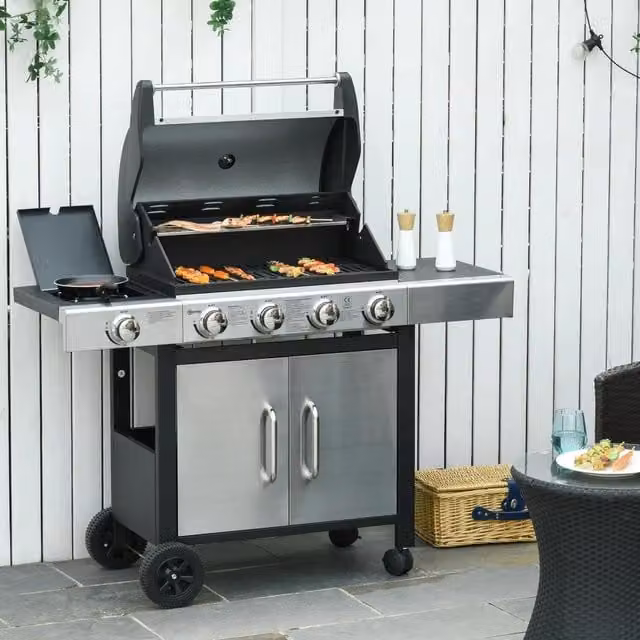 Chilli Furniture 4 in 1 Gas Barbecue Grill and Garden Smoker BBQ Trolley with Side Burner and Warming Rack in Grey